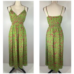 GILNER FARRAR Amelie Maxi Dress Sz S Green Pink Floral Print Smocked Waist *READ